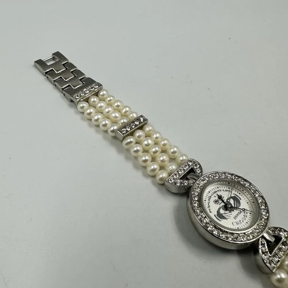 Rovada Claddagh Watch Women Silver Tone Faux Pearl Band Rhinestones New Battery